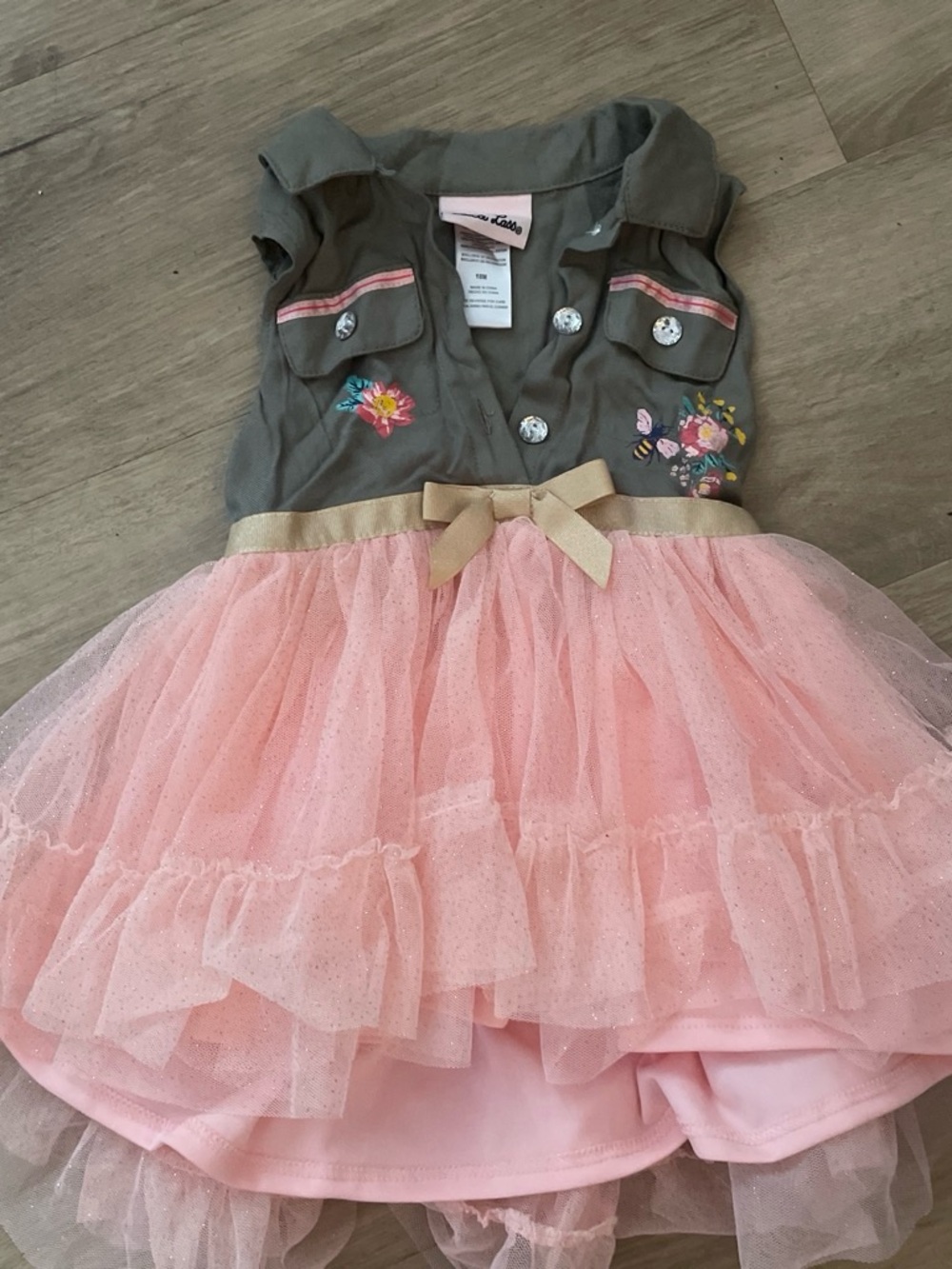 Little Lass Pink Tulle Dress with Olive Green Embroidered Top